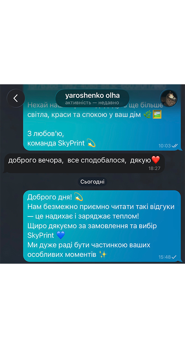 Скріншот текстового відгуку клієнта про картину від SkyPrint