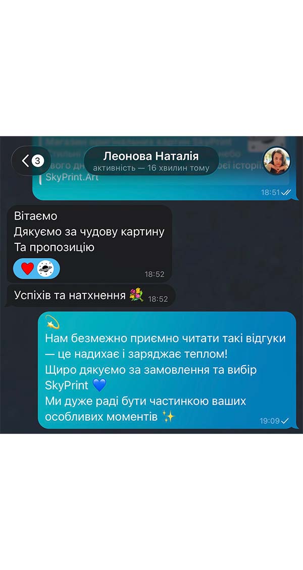 Скріншот тексту відгуку про картину від SkyPrint
