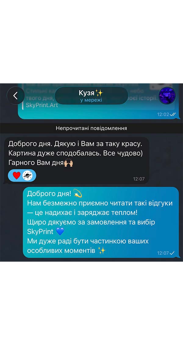 Повідомлення з текстовим відгуком про покупку у SkyPrint