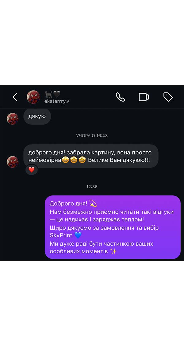 Текст відгуку покупця про картину від SkyPrint